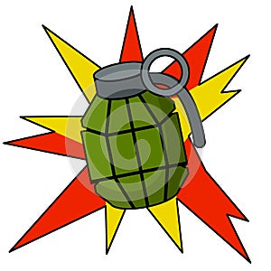 Grenade explosion. Vector Green bomb. Weapons and bombshell. Red flash. Soldier`s equipment and ammunition