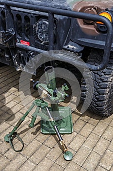 Grenade infantry.automatic grenade launcher on fighting position.Put on the grass