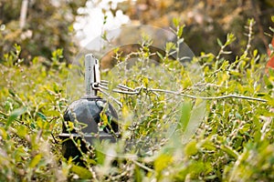 A grenade trap is camouflaged in green grass. A dangerous mine is on the ground. Improvised explosive device consists of a wire