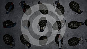 grenades on white background. Green metal hand grenade with round pin