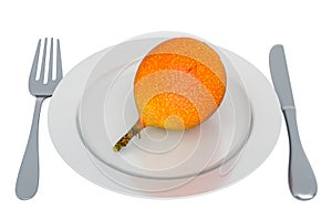 Grenadia on plate with fork and knife, 3D rendering
