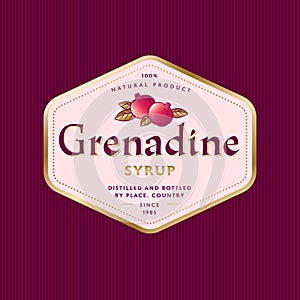 Grenadine label. Pomegranate syrup in hexagon gold frame. photo