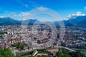 Grenoble - Aerial view of Grenoble old town seen from Bastille Fort, Auvergne-Rhone-Alpes region, France, Europe