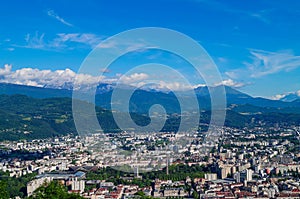 Grenoble - Aerial view of Grenoble old town seen from Bastille Fort, Auvergne-Rhone-Alpes region, France, Europe