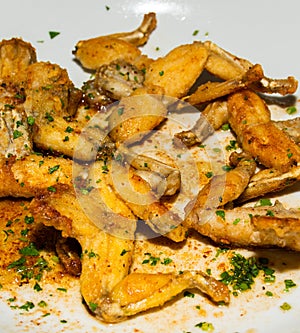Grenouille: The French Delicacy of Frog Legs being served in a white plate at a traditional cuisine