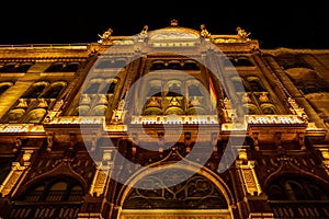 Gresham Palace in night time in Budapest, Hungary