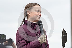 Greta Thunberg speaking to her audience at a demo in Berlin