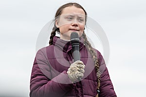 Greta Thunberg speaking to her audience at a demo in Berlin