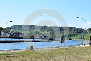 Grevenmacher, Luxembourg - 07 11 2023: Mosel Shore area of Grevenmacher with Wellen on the other side