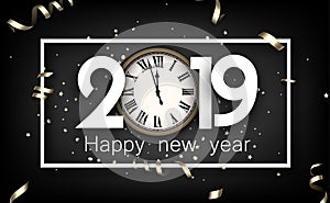 Grey 2019 happy New Year card with gold clock.