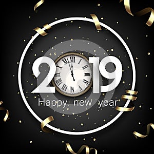 Grey 2019 happy New Year card with gold clock.