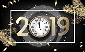 Grey 2019 happy New Year card with gold clock and fir.