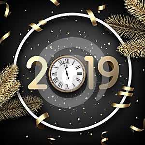 Grey 2019 happy New Year card with gold clock and fir.