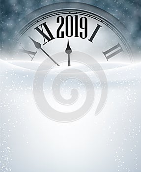 Grey 2019 New Year background with clock. Greeting card.