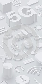 Grey 3d 5G background with web symbols.
