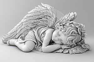 Grey 3D rendering of a sleeping cherub in a side pose.