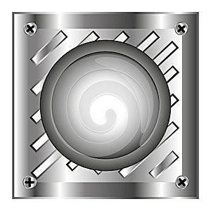 Grey alarm shiny button with metal elements, background