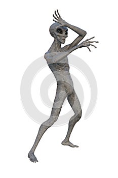 Grey Alien with arms up frightened. 3D render isolated on white