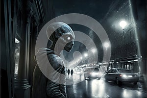 Grey alien from deep space on city street, extraterrestrial humanoid at night, generative AI