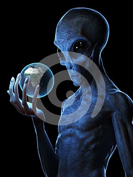 A grey alien holding the earth