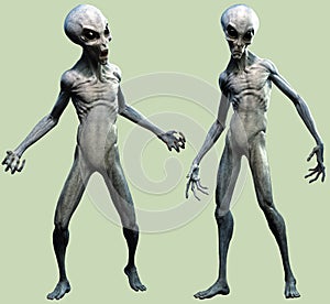 Grey aliens standing 3D illustration