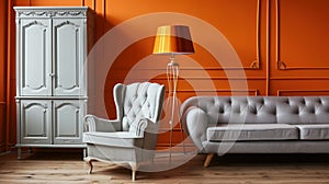 Grey armchair next to lamp in orange vintage living room interior . Ai Generative