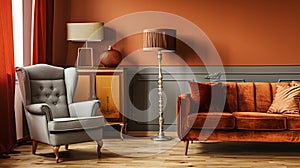 Grey armchair next to lamp in orange vintage living room interior . Ai Generative