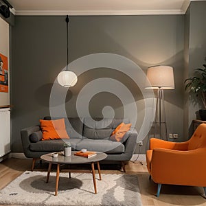 Grey armchair next to lamp in orange vintage living room interior with sofa next to cabinet