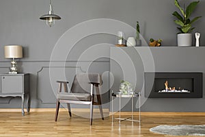 Grey armchair next to silver table in elegant living room interi