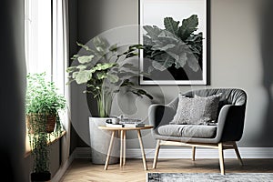 Grey armchair next to a wooden table in living room interior with plant and poster
