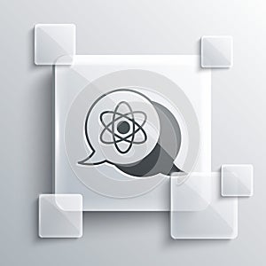 Grey Atom icon isolated on grey background. Symbol of science, education, nuclear physics, scientific research. Square