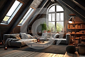 Grey attic living room interior design modern with sofa