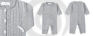 Grey baby romper mockup isolated on white background. Children romper knitted with buttons photo