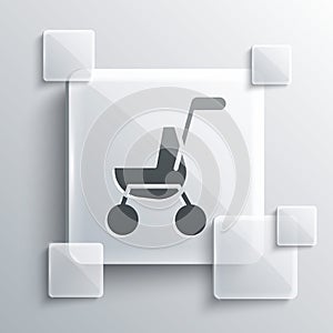 Grey Baby stroller icon isolated on grey background. Baby carriage, buggy, pram, stroller, wheel. Square glass panels. Vector