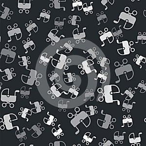 Grey Baby stroller icon isolated seamless pattern on black background. Baby carriage, buggy, pram, stroller, wheel