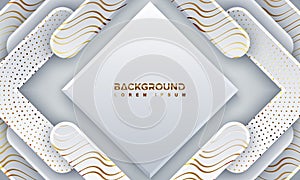 Grey background textured with 3D style and wavy lines. Abstract gray papercut background with shining golden lines