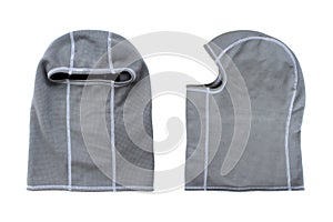 Grey balaclavas isolated on white background. Front and side view. Winter sport mockup. Full face mask. photo
