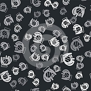 Grey Baseball glove with ball icon isolated seamless pattern on black background. Vector