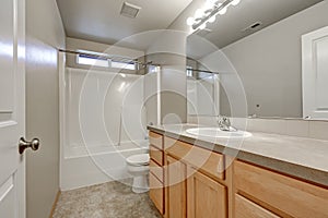 Grey bathroom interior with wood vanity cabinet