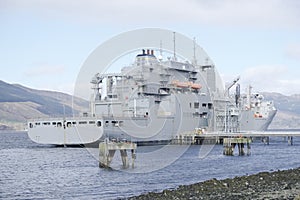 Grey battleship American and British royal fleet docked at naval base in Scotland for the Navy