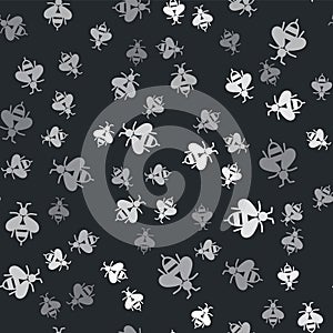 Grey Bee icon isolated seamless pattern on black background. Sweet natural food. Honeybee or apis with wings symbol