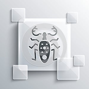 Grey Beetle deer icon isolated on grey background. Horned beetle. Big insect. Square glass panels. Vector