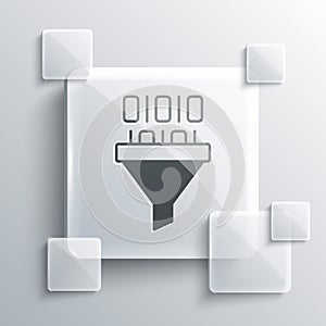 Grey Binary code icon isolated on grey background. Square glass panels. Vector