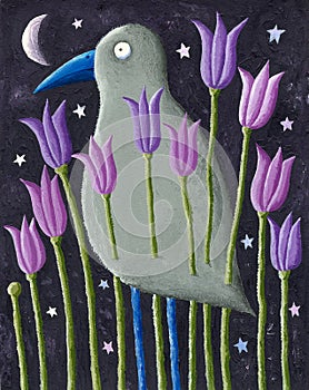 Grey bird with a blue beak with purple tulips in the night