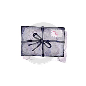 Grey-black envelope. Witch letter. Watercolor illustration on isolated white background