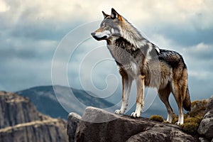 Grey black and white wolf stands on rocky outcrop with mountains in the background. Generative AI