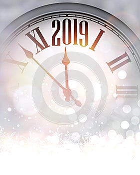 Grey blurred 2019 New Year background with clock. Greeting card.