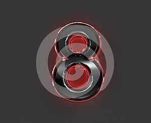 Grey brassy alphabet with red polished reflective outline - number 8 isolated on grey, 3D illustration of symbols