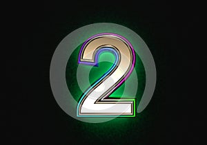 Grey brassy with colorful dichroic film outline and green backlight font - number 2 isolated on grey background, 3D illustration