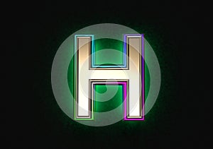 Grey brassy with colorful dichroic glass outline and green backlight alphabet - letter H isolated on dark, 3D illustration of